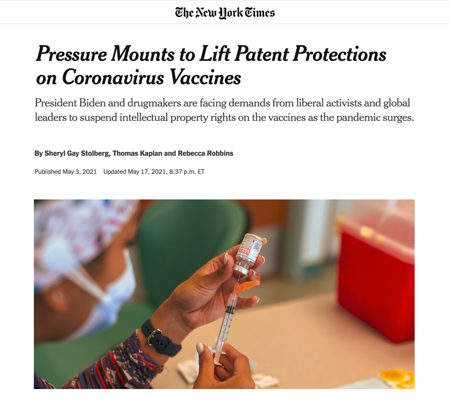 Pressure Mounts to Lift Patent Protections on Coronavirus Vaccines