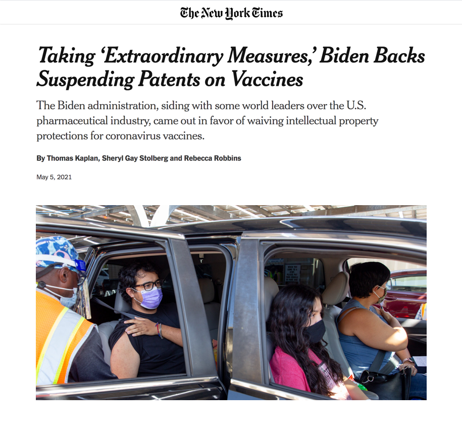 Taking ‘Extraordinary Measures,’ Biden Backs Suspending Patents on Vaccines